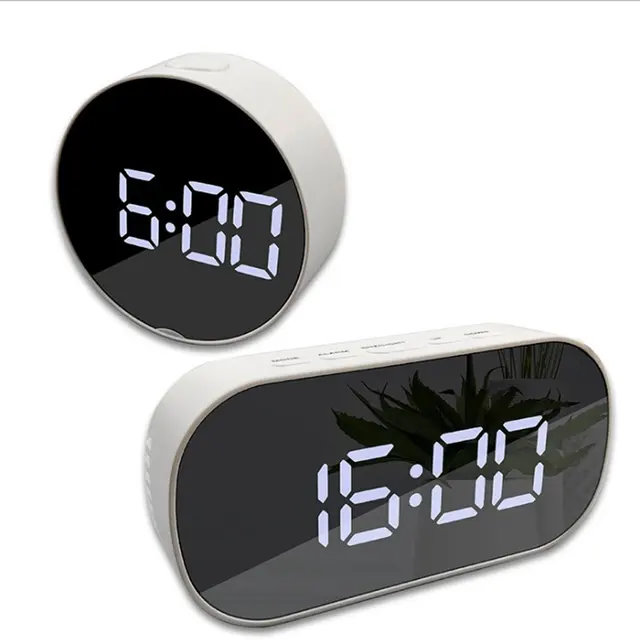 Digital Alarm Clock LED Curved Surface Mirror Electronic Table Clock Large Screen Snooze Desktop Clock For Home Decoration 6