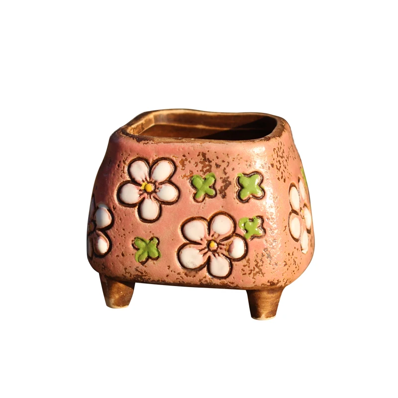 Korean Simple Fleshy Flower Pot Ceramic Hand-painted Fresh Thumb Pot Coarse Pottery Permeable Pot Peach Egg Flesh Flower