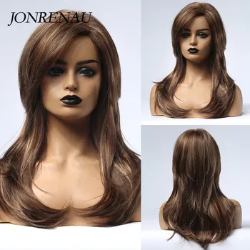 

JONRENAU Long Silky Straight Wigs with Side Bangs Synthetic Brown Mixed Blonde Golden Wigs for White/Black Women