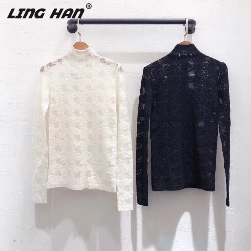 

LINGHAN Ladies Pullover Long Sleeve Lace hook flower perspective Bottoming Sweater Pullover Quality Cashmere elasticity Sweater