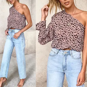 

Sexy Women Oblique Shoulder Blouses Print Dot Lantern Sleeve Blouse Female Tops 2020 Spring Summer Elegant Ladies Blouse