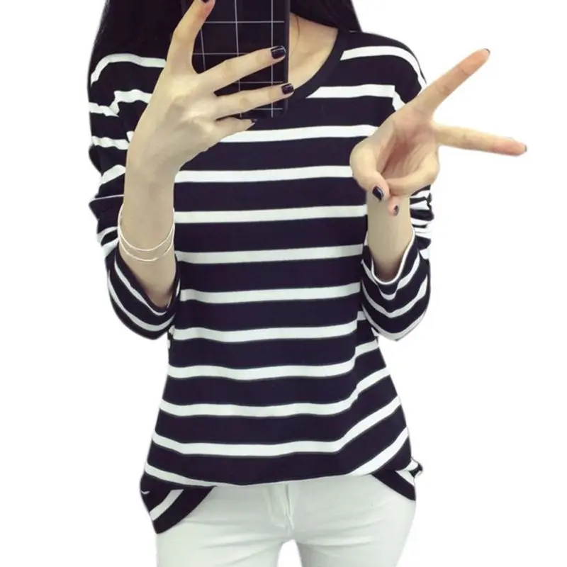harajuku футболка женская с круглым вырезом в полоску с длинным рукавом футболки для женщин тонкий дикий черный белый футболка плюс размер Топ