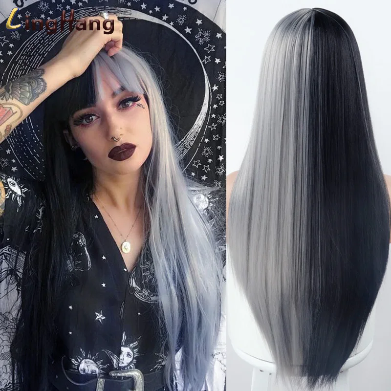 Linghang gris y negro peluca larga recta Cosplay del pelo Peluca de dos tonos de Color degradado las mujeres pelucas de pelo sintético