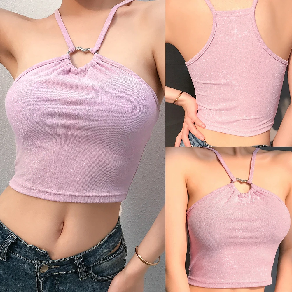 

Summer Women Hollow Out Tank Tops New Sexy Halter Neck Pink Color Slim Vest Ladies' Fashion Backless Bodycon Top Wear