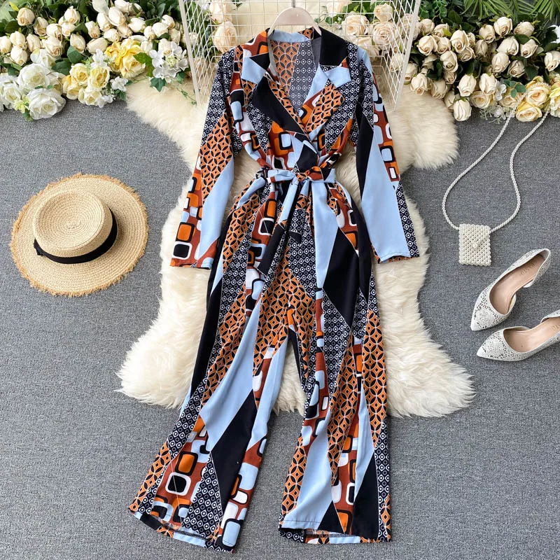 SINGRAIN Women Retro Print Rompers Autumn Fashion V Neck Long Sleeve Lace up Jumpsuits Casual Boho Floral Wide Leg | Женская одежда