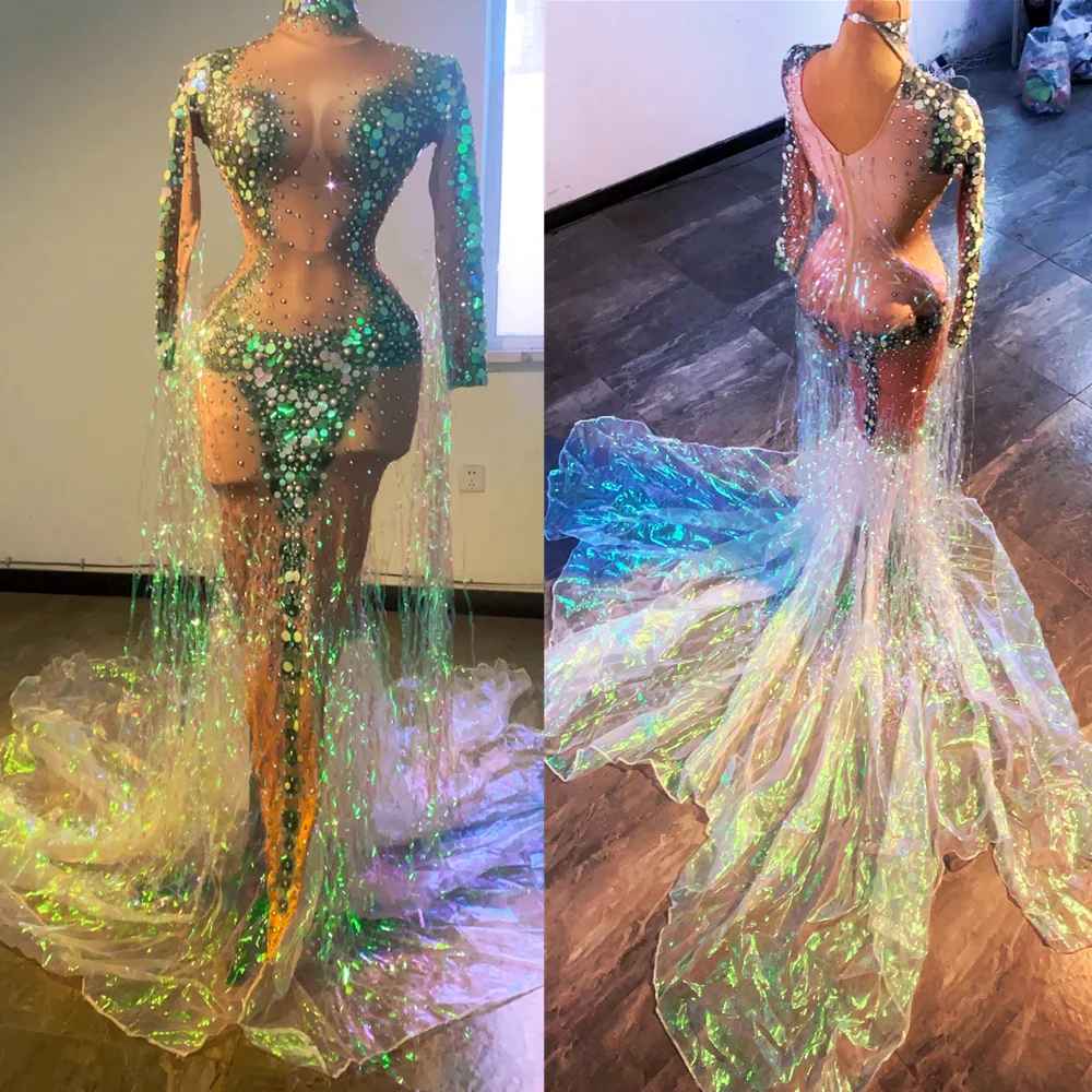 Женское вечернее платье русалка длинное блестящее с жемчужинами и блестками для празднования дня рождения