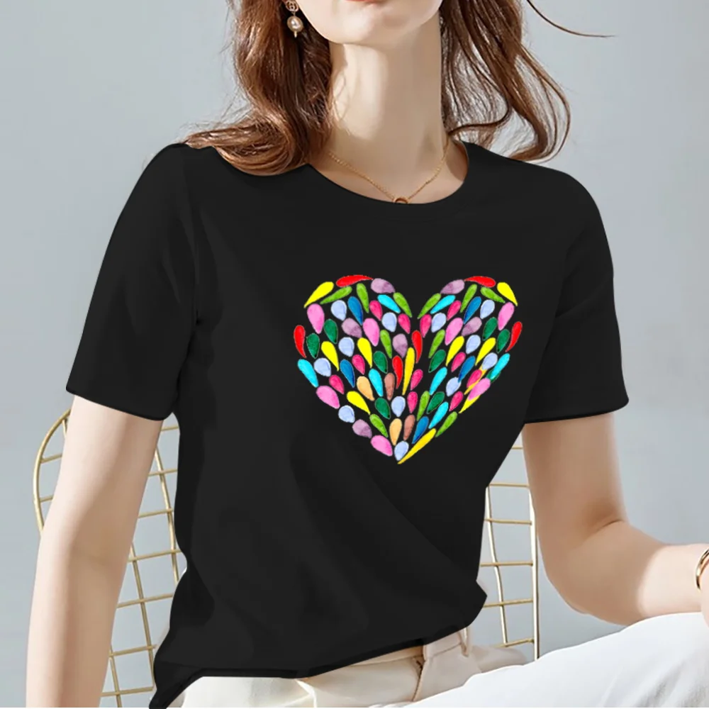 Women Tops Tee Black All-match Casual Ladies T-Shirts O Neck Love Heart Pattern Print Commuter Short Sleeve Women's Clothing friends t shirt