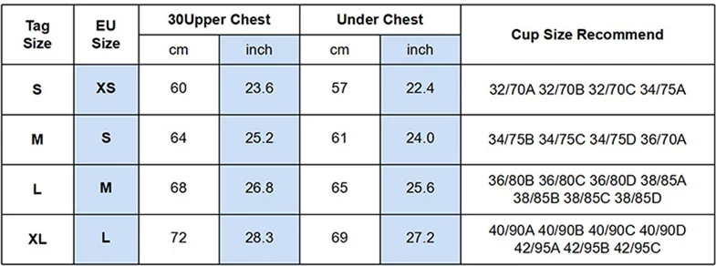 运动内衣尺码表