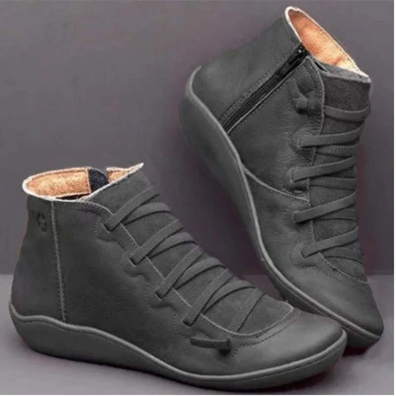 Ботильоны женские зимние ботинки из искусственной кожи с перекрестными ремешками в винтажном стиле; плюшевые теплые короткие ботинки в стиле панк; женская обувь на плоской подошве; женская обувь; botas mujer