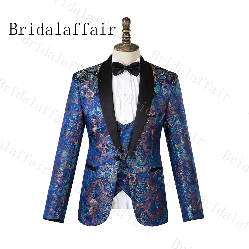 Bridalaffair Зимний костюм для жениха, джентльменский шаль с отворотом, приталенный темно-синий костюм с красочным пиджаком