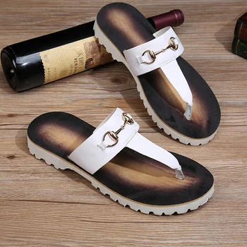 

new Flip-flops for men's style beach drag men's casual hair stylist han version trend casual wear white leather sandals