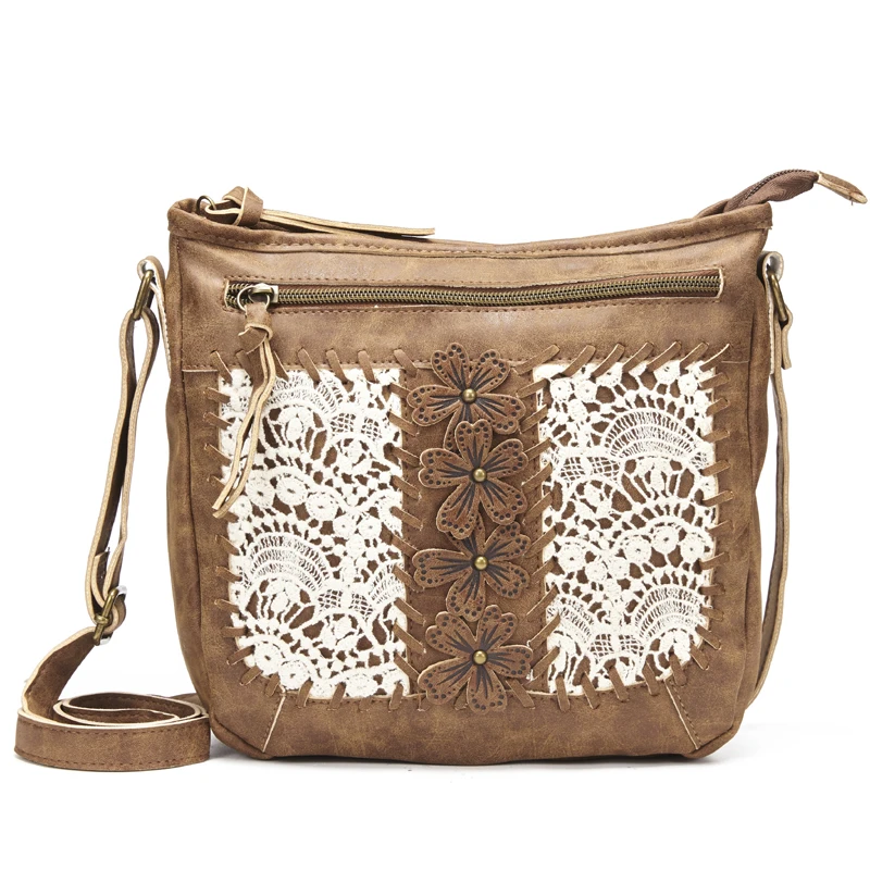 Annmouler Designer Women Handbag Purse Pu Leather Shoulder Bag Flower Crossbody Bag Small Ladies Messenger Brown Lace Totes