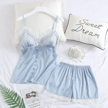

Summer Pajamas Set Strap Top&shorts Women Casual Soft Satin PCS Sleepwear Pijamas Suit Sexy Sleeveless Lace Nightwear Homewear