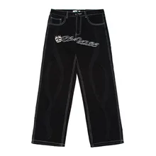 Ropa de calle oscura para hombre, pantalones vaqueros rectos con bordado de letras y Calavera, estilo Punk, Hip Hop, talla grande, color negro, 2021