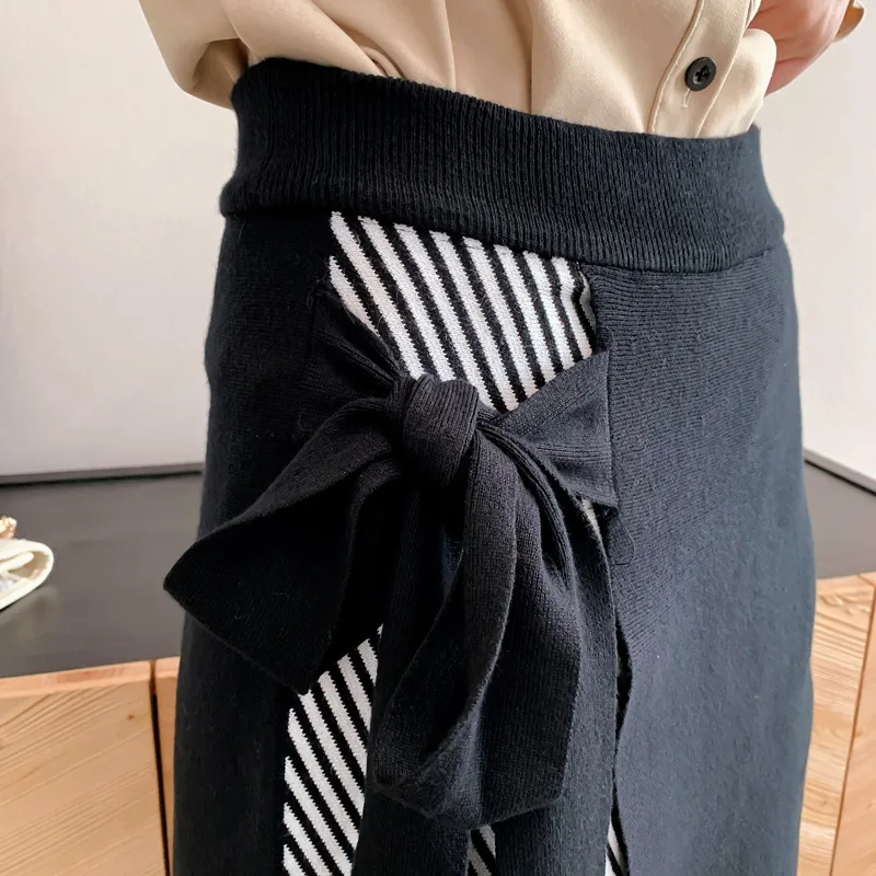 Винтажная черная полосатая Асимметричная теплая трикотажная юбка для женщин женские зимние юбки с бантом женские saia saias faldas