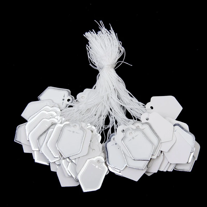 SHGO HOT-500pcs Price tags with strings Hanging Rings Jewelry Sale Display- White and silver