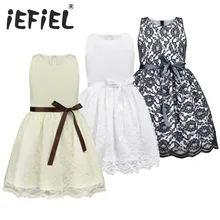 Детское кружевное платье принцессы с цветочным узором для девочек платья без рукавов с бантом и поясом, кружевные платья с цветочным принтом нарядное летнее платье для причастия