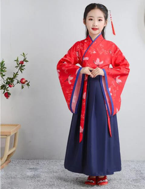 RedBlue-WideSleeve Традиционный китайский древний костюм, сценический костюм Hanfu для мальчиков и девочек, костюм Танга для детей, платье для выступлений, вечерние костюмы династии Цин - Цвет: RedBlue-WideSleeve