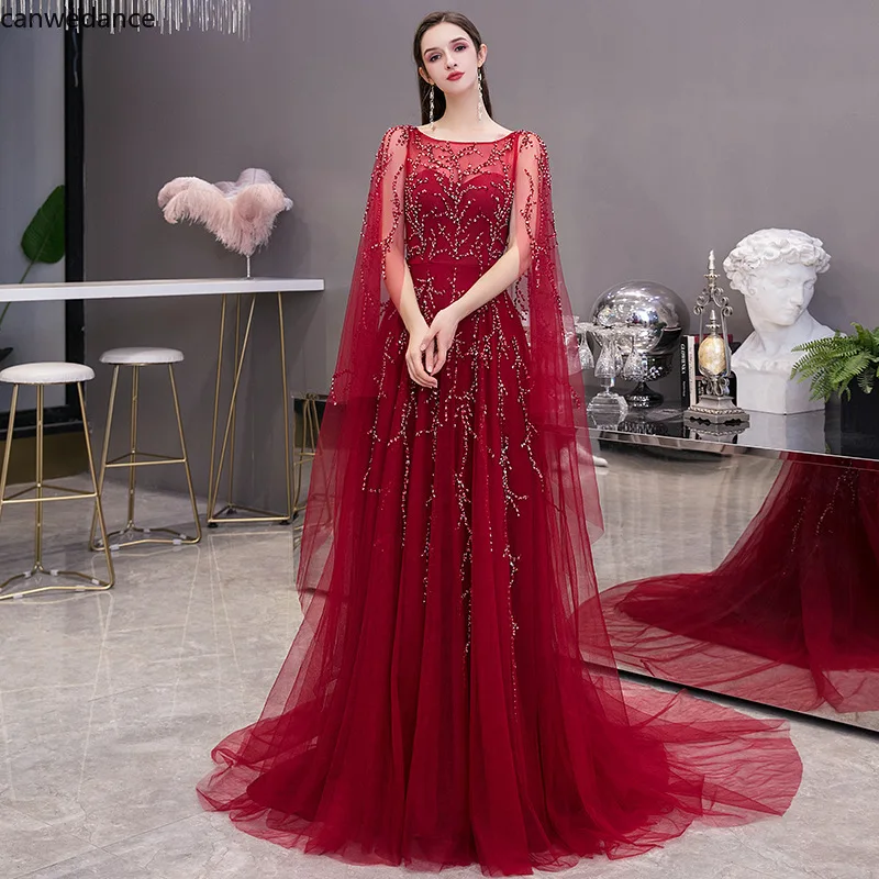 

2020 Vestido-de-festa Dubai Style Rom Dress Full Crystal Pearl Beaded Long Prom Dress High Collar Full Sleeves Formal Party Gown