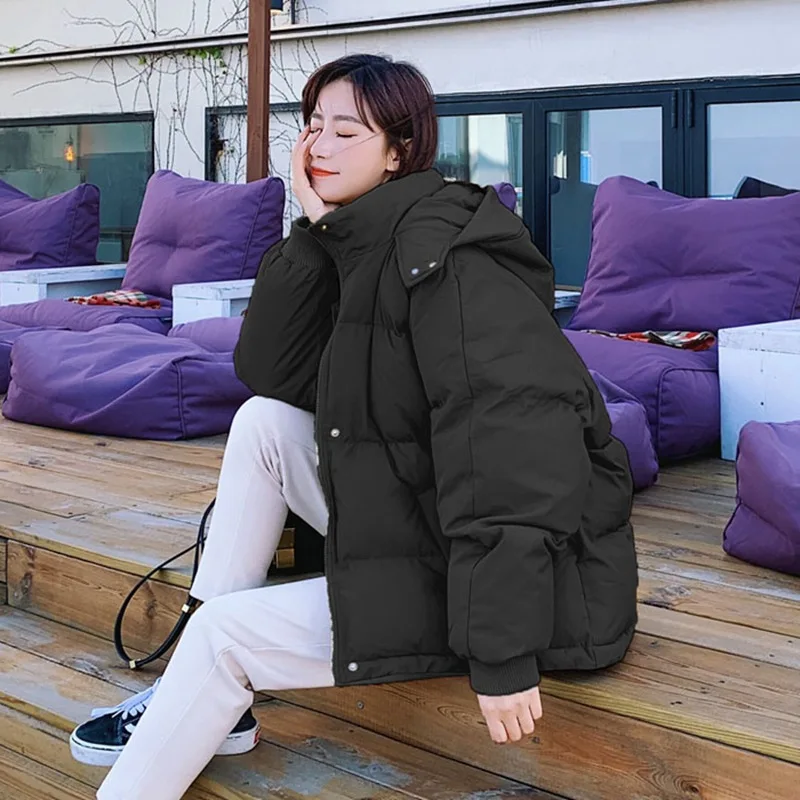 

2019 Chic off Season Korean-style Short Hooded down Coat Loose-Fit New Style Short-height BF Laziness Cotton Overcoat Women's