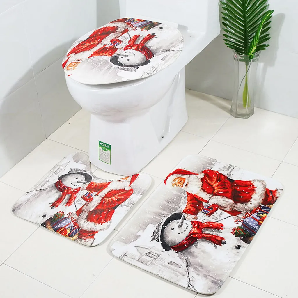 Санта-Рождество принт Туалет Ванная комната коврик и занавеска для душа четыре части набор вечерние домашние коврики противоскользящие многоразовый силикон колодки