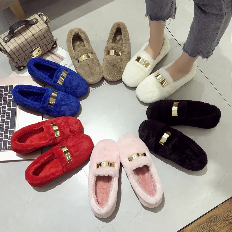 Зимняя обувь женская плюшевая на плоской подошве яркие цвета металлическая