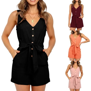 Women Playsuits Sexy V Neck Sleeveless Button Sashes Cotton Playsuits Casual Slim Pocket Pink Black Short Jumpsuit Femme Rompers 1