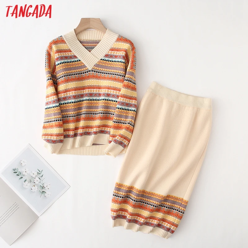 

Tangada korea chic geometric knitted suit women skirt set 2019 autumn winter knitted suit 2 piece set sweet top and skirt YU21