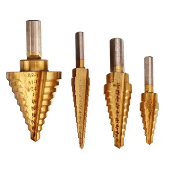 

4pcs HSS Titanium Coated Step Drill Bits Set with 1pc Center Punch Hole Cutter Drilling Tool For Woodworking Tool