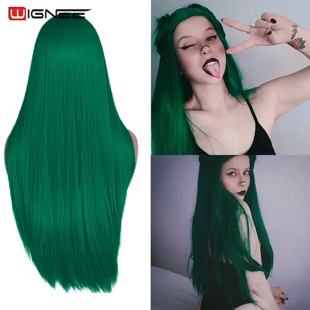 Wignee Long Natural Straight Wig Blonde Middle Part Cosplay Party Lolita Synthetic Wigs for Women Heat Resistant Fiber Dark Green