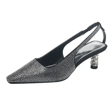 

Women's hight heel shoes fashion crystal with fashion rhinestones women's shoes back Hollow square head women's pumps