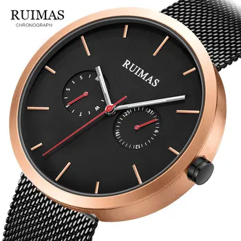 

RUIMAS New Black Casual Mesh Belt Fashion Quartz Rose Watch Mens Watches Top Brand Luxury Waterproof Clock Relogio Masculino