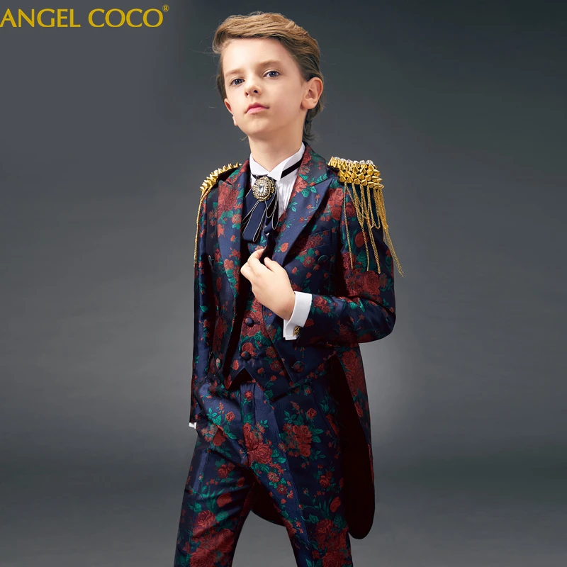 

2019 Kids/Children Formal Boys Wedding/Tuxedo Suits 6pcs printing boy Blazer Suit Marriages/Perform Dress Costume Terno Menino