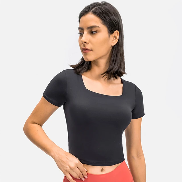 Alo Yoga 2021 Summer New Women s Short sleeve Sexy U shaped Neckline Crop Top Leisure