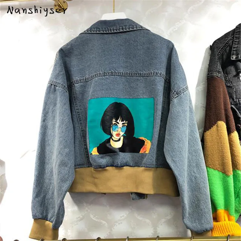

Harajuku Printed Denim Jacket 2020 Autumn Chic Korean Stitching Short Jacket Coat Women Casual Jeans Cropped Jacket Abrigo mujer