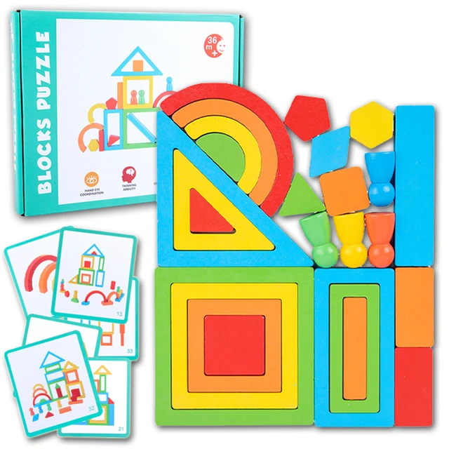 Arco iris Montessori apilable de madera, juguetes educativos de geometría,  bloques de construcción para niños y