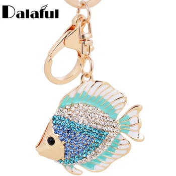 

Dalaful High Quality Fish Shape Key Chains Rings Holder Crystal Goldfish Bag Pendant For Car Rhinestone Keyrings KeyChains K267