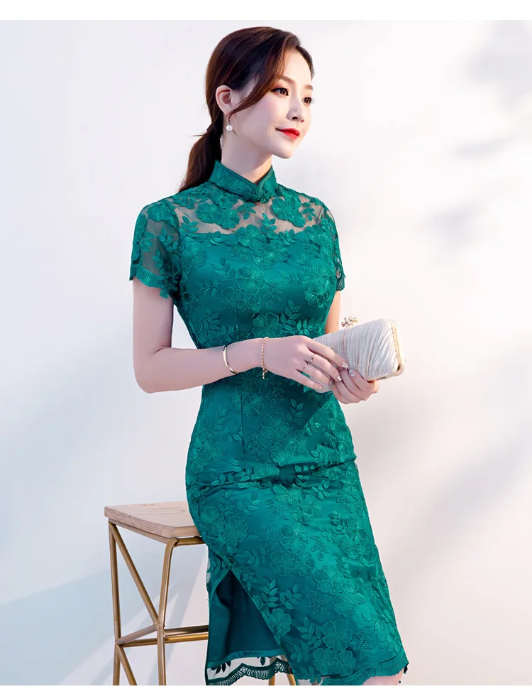 Cheongsam/ г. Весна-лето, стиль, улучшенная молодежная мода, облегающее, повседневное, средней длины, с вышивкой, кружевное, Cheongsa