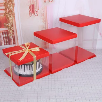 

Red Cake Pvc Clear Boxes Packing Box With Transparent PVC Window Display Gift Box Wedding Cookie Candy Cake Box Container Holder