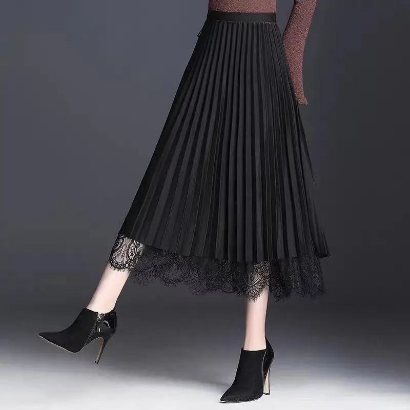 Winter new style double-sided wearing mesh pleated skirt skirt female Korean version of the long A-line skirt - Цвет: Черный