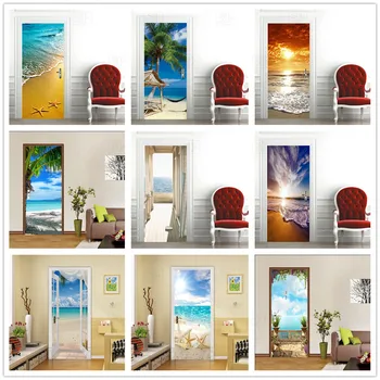 

3D Wallpaper For Door Sticker Self-adhesive DIY Poster Beach Sea Scenery Mural Home Design Door Decoration Decal Stickers Porte