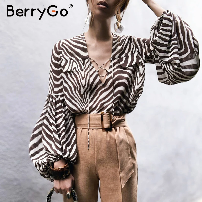  BerryGo Women blouse shirt Zebra stripe print summer blouse Bell long sleeve female top shirt Elega