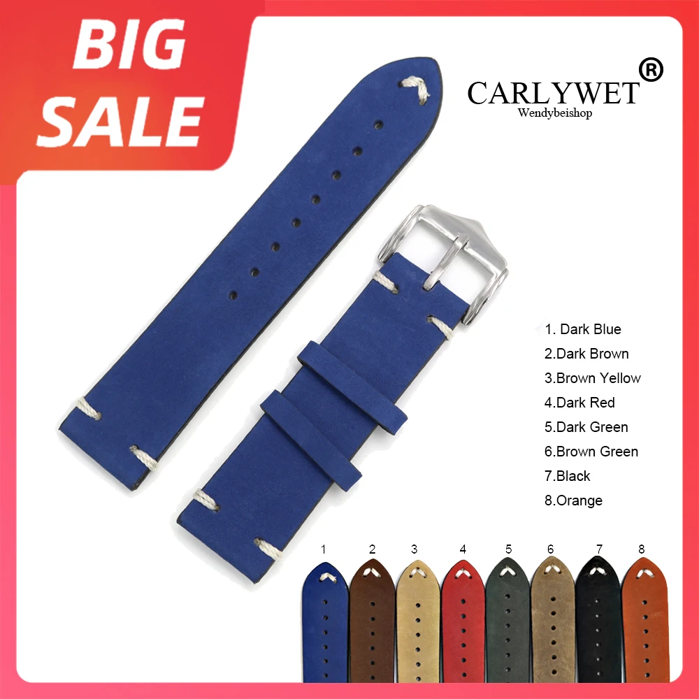 

CARLYWET Luxury Watch Band 20 22 24mm Leather For Rolex Omega Submariner Daytona Panerai Cowhide Suede Black Vintage Watch Belt
