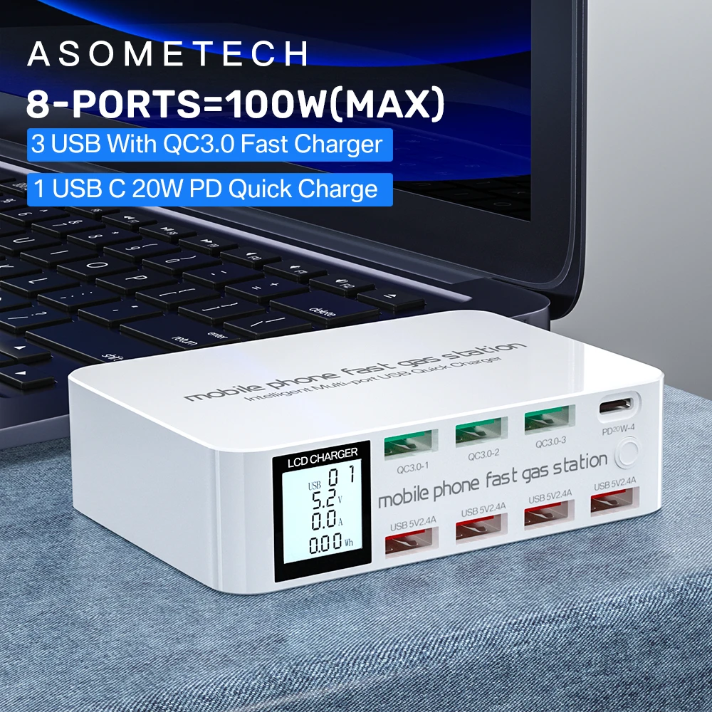 8 Ports Fast Charger 100W Quick Charge 3.0 USB Chager LED Digital Display Adapter HUB PD 3.0 USB C Charger For iPhone 11 Xiaomi