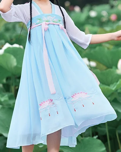 Hanfu/элегантный костюм в китайском стиле для девочек; детское шифоновое платье; детская Одежда для танцев в народном стиле династии Тан; DNV11947 - Цвет: Синий