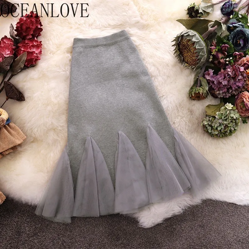 

OCEANLOVE Mesh Patchwork Knitted Sexy Skirts Womens High Waist Ruffles Solid A-line Skirts 2019 Autumn Winter Bottoms 12898
