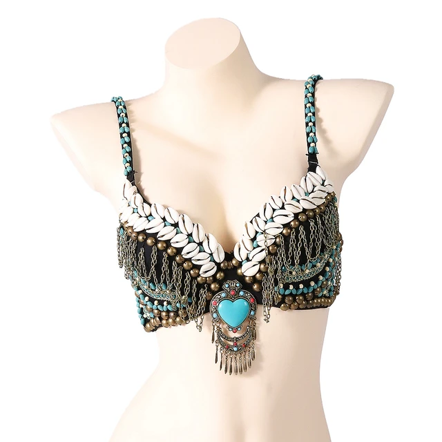 Sequin Dance Costume Bra with Beaded Accents in Turquoise