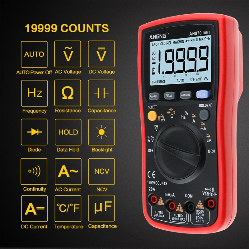 AN870 19999 отсчетов True-RMS мультиметр-транзистор тестер Цифровой мультиметр Омметр AC/DC Напряжение Амперметр Транзистор тестер