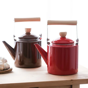 

Enamel on Steel Tea Kettle 2L Cylindrical Shape Teakettle with Wood Handle, Vintage Style Teapot Red, White, Coffee Color