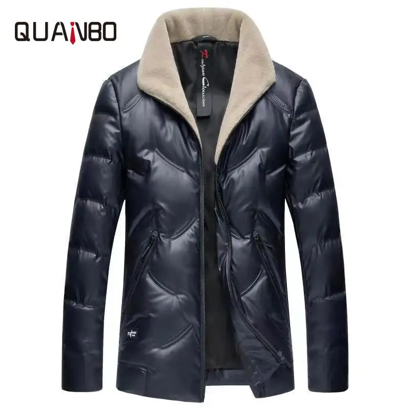 

QUANBO brand luxury high quality white duck down jacket Men's flocking thick warm down coat Winter casual wool collar dress